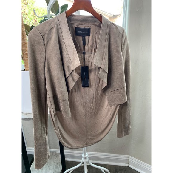 BCBG Maxazria Norton Crop Jacket Faux Suede Small Khaki Stretch $198 6756 NWT - Picture 6 of 14